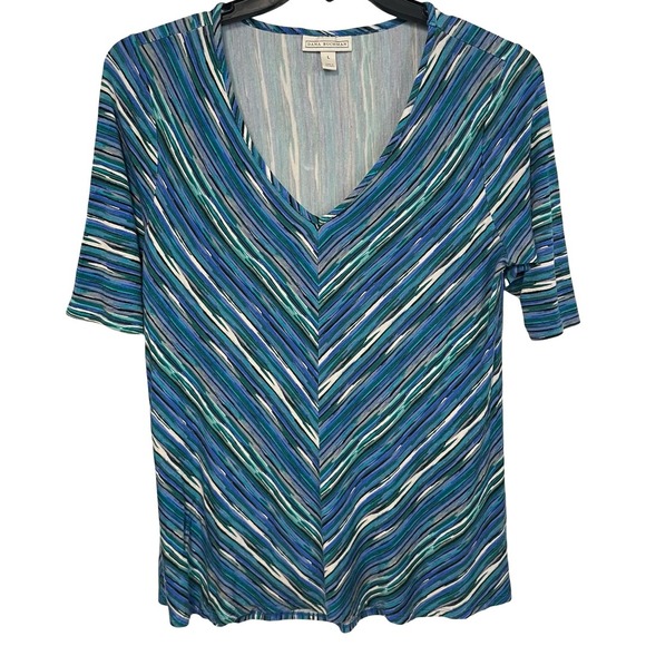Dana Buchman Tops - Dana Buchman Blue Green Chevron Stripe V-Neck Short Sleeve Top Large